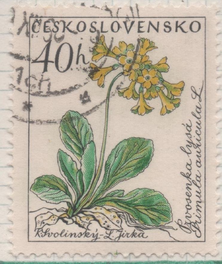 Sello E00994: hoja 66, Checoslovaquia: Sello Multicolor dentado. Flores.  Primula auricula, 40 Haleru
