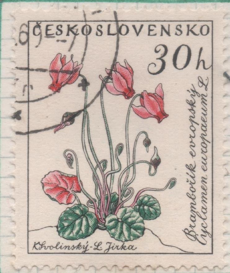 Sello E00993: hoja 66, Checoslovaquia: Sello Multicolor dentado. Flores. Cyclamen purpurascens, 30 Haleru