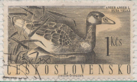 Sello E00989: hoja 66, Checoslovaquia: Sello Violeta y negro dentado. Pajaros acuaticos. Anas platyrhynchos, 1,60 Koruna