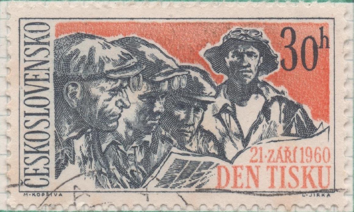 Sello E00982: hoja 66, Checoslovaquia: Sello Rojo y gris dentado. Dia de la Prensa. Trabajadores del acero con periódico, 30 Haleru