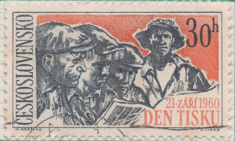 Sello E00982: hoja 66, Checoslovaquia: Sello Rojo y gris dentado. Dia de la Prensa. Trabajadores del acero con periódico, 30 Haleru