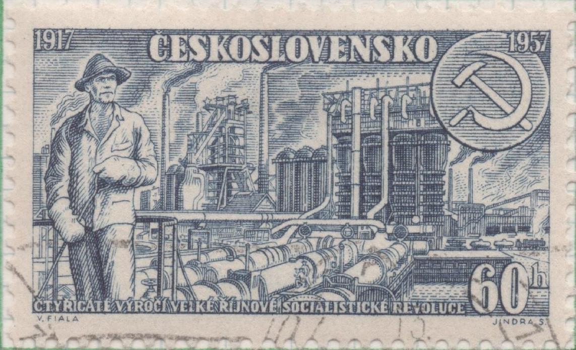 Sello E00810: hoja 55, Checoslovaquia: Sello Azul oscuro dentado. Aniv Revolución Rusa, 60 Haleru