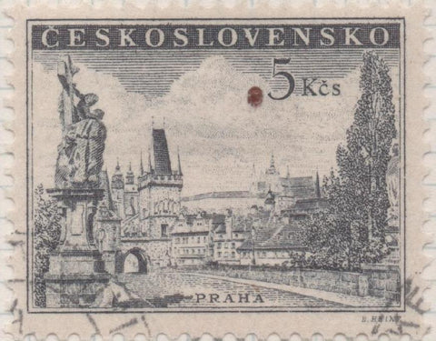 Sello E00628: hoja 43, Checoslovaquia: Sello Gris oscuro dentado. Puente Charles Praga, 5 Koruny
