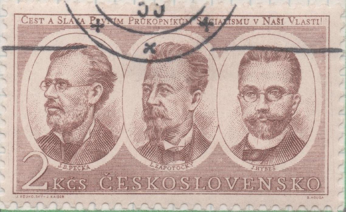 Sello E00613: hoja 42, Checoslovaquia: Sello Marron claro dentado. 75 Aniv. Partido Social-Democrata, 2 Koruny