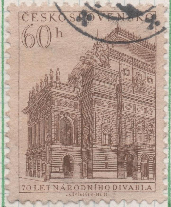 Sello E00639: hoja 44, Checoslovaquia: Sello Marron claro dentado. 70 Aniv del Teatro Nacional de Praga, 60 Haleru