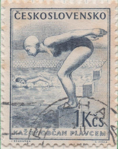 Sello E00659: hoja 45, Checoslovaquia: Sello Azul oscuro dentado. Serie Deportiva (3ª), 1 Koruna