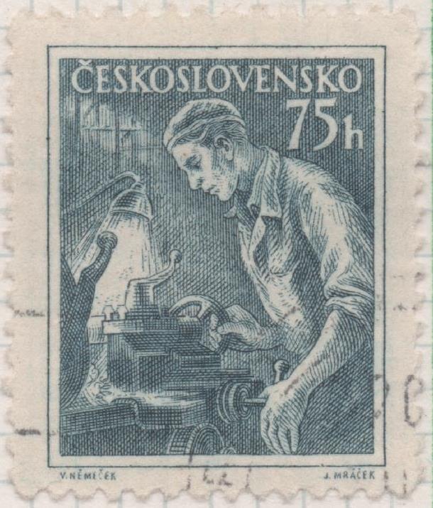 Sello E00649: hoja 45, Checoslovaquia: Sello Azul grisaceo dentado. Checoslovaquia en el trabajo, 75 Haleru
