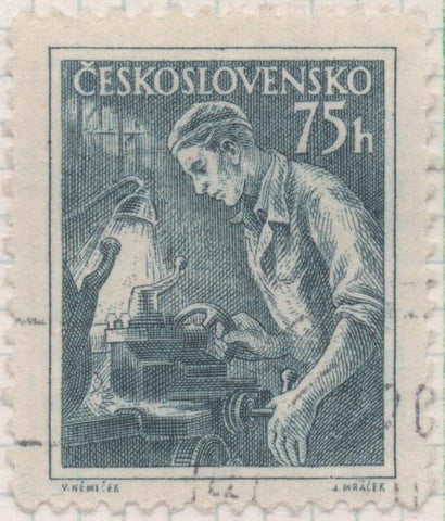 Sello E00649: hoja 45, Checoslovaquia: Sello Azul grisaceo dentado. Checoslovaquia en el trabajo, 75 Haleru
