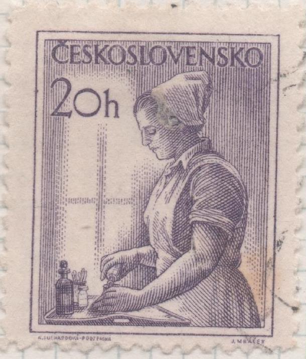 Sello E00645: hoja 45, Checoslovaquia: Sello Lila dentado. Checoslovaquia en el trabajo, 20 Haleru
