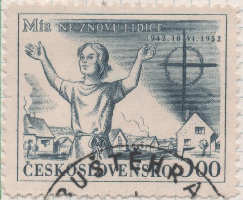 Sello E00563: hoja 39, Checoslovaquia: Sello Azul grisaceo dentado. Destrucción de Lidice, 5 Koruny