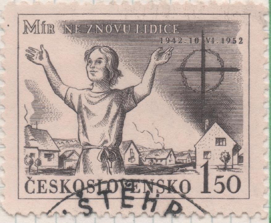 Sello E00562: hoja 39, Checoslovaquia: Sello Gris dentado. Destrucción de Lidice, 1,50 Koruna