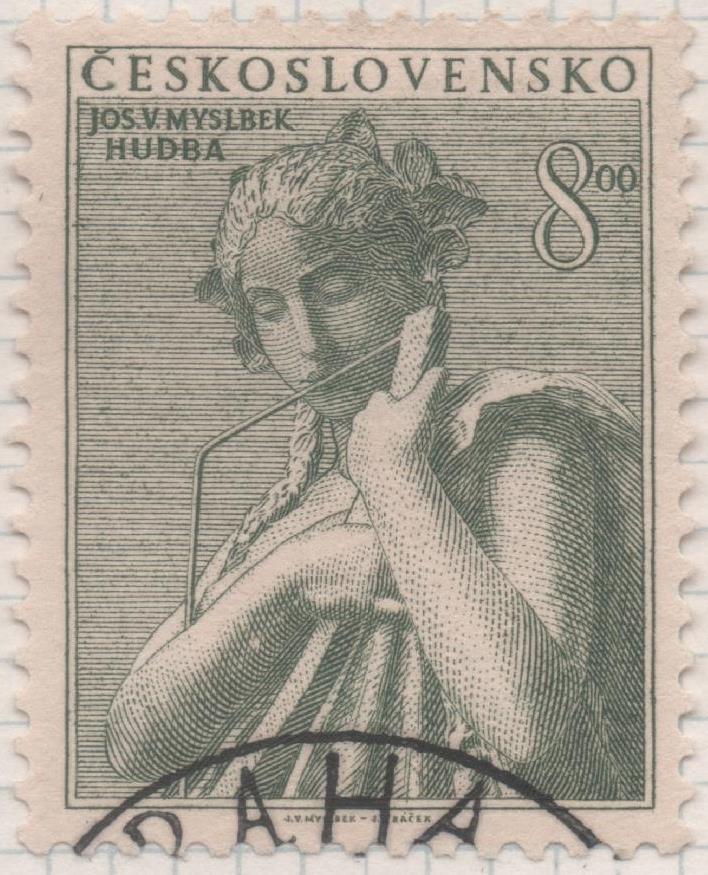 Sello E00561: hoja 39, Checoslovaquia: Sello Verde grisacer dentado. Escultor J. V. Myslbek, 8 Koruny