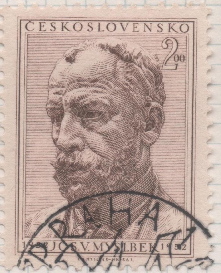 Sello E00560: hoja 39, Checoslovaquia: Sello Marron grisaceo dentado. Escultor J. V. Myslbek, 2 Koruny