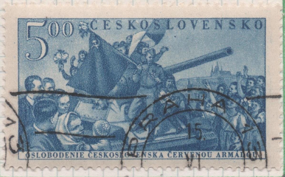 Sello E00558: hoja 39, Checoslovaquia: Sello Azul dentado. Aniversario de la ´Liberación, 5 Koruny