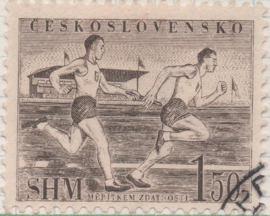 Sello E00572: hoja 40, Checoslovaquia: Sello Marron oscuro dentado. Socialización del deporte, 1,50 Koruna