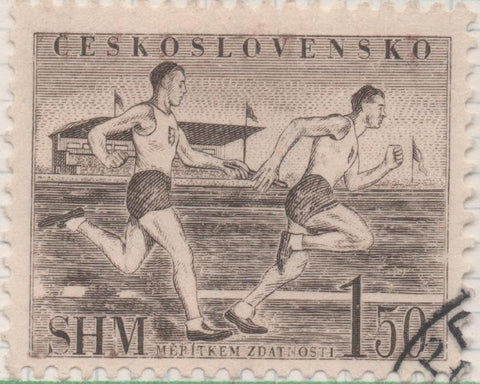 Sello E00572: hoja 40, Checoslovaquia: Sello Marron oscuro dentado. Socialización del deporte, 1,50 Koruna