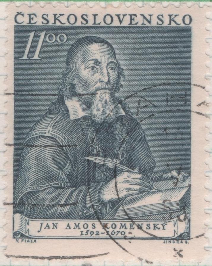 Sello E00553: hoja 38, Checoslovaquia: Sello Azul oscuro dentado. Jan Komensky (Comenius), 11 Korun