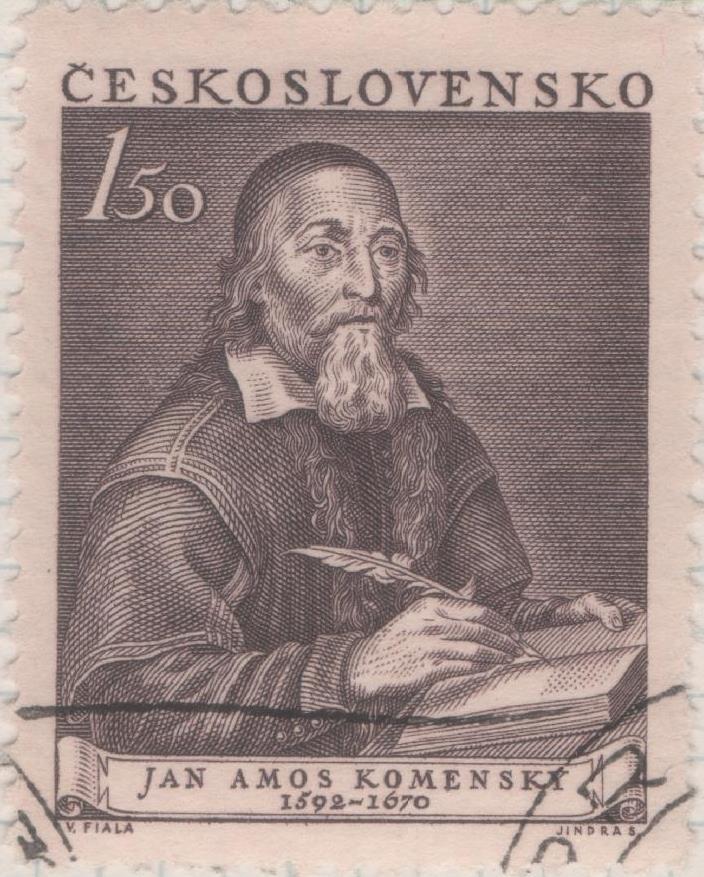 Sello E00552: hoja 38, Checoslovaquia: Sello Marron oscuro dentado. Jan Amos Komensky (Comenius), 1,50 koruna