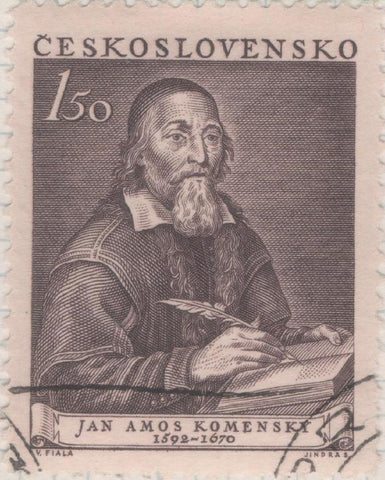 Sello E00552: hoja 38, Checoslovaquia: Sello Marron oscuro dentado. Jan Amos Komensky (Comenius), 1,50 koruna