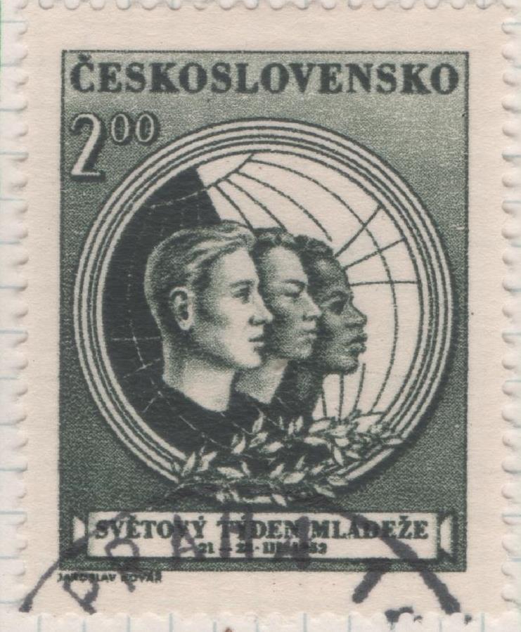 Sello E00550: hoja 38, Checoslovaquia: Sello Verde oscuro dentado. Semana Mundial de la Juventud, 2 Koruny