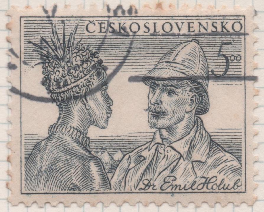 Sello E00543: hoja 37, Checoslovaquia: Sello Azul grisaceo dentado. Explorador Emil Holub, 5 Koruny