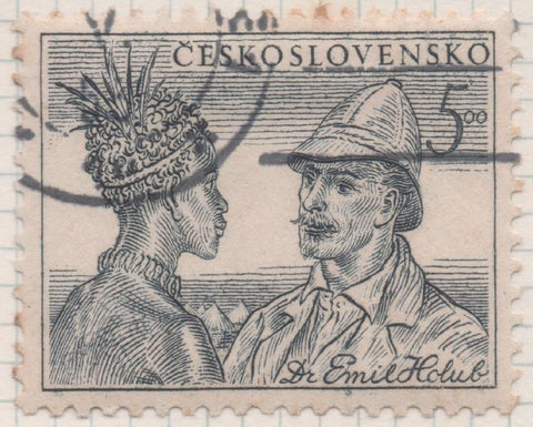 Sello E00543: hoja 37, Checoslovaquia: Sello Azul grisaceo dentado. Explorador Emil Holub, 5 Koruny