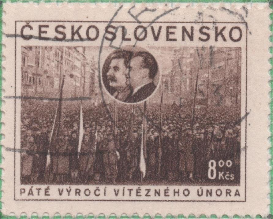 Sello E00598: hoja 41, Checoslovaquia: Sello Marron oscuro dentado. 5º Aniv. Golpe de Estado del 48, 8 Koruny
