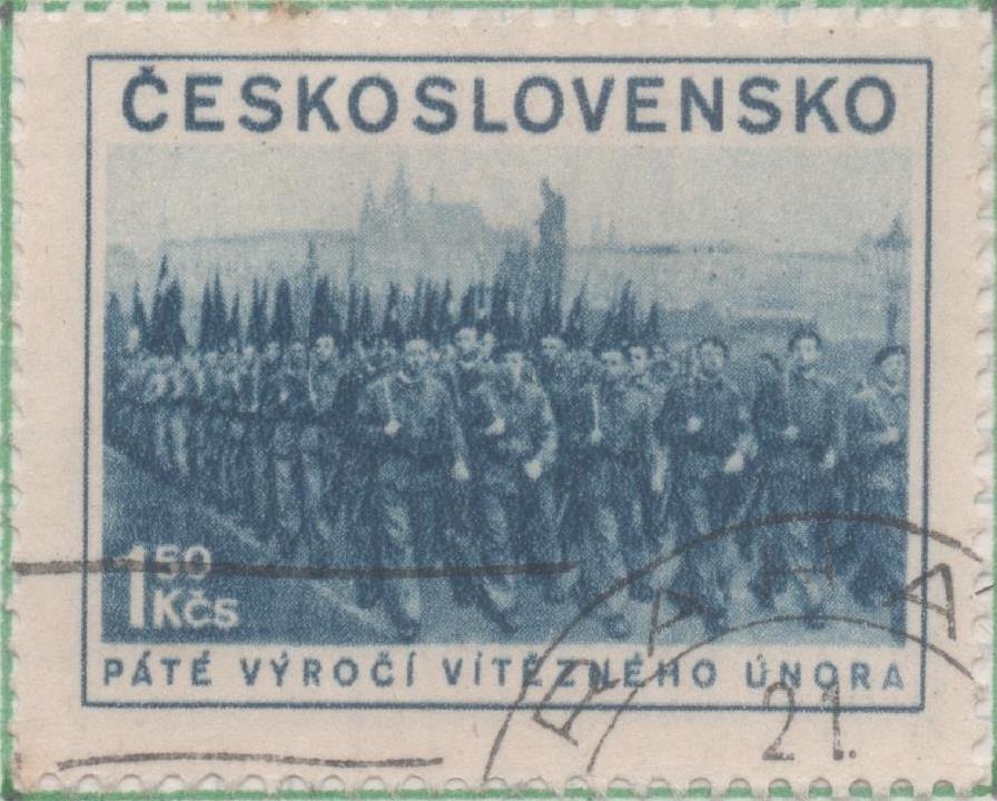 Sello E00596: hoja 41, Checoslovaquia: Sello Azul Oscuro dentado. 5º Aniv. Golpe de Estado del 48, 1,50 Koruna