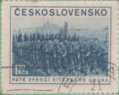Sello E00596: hoja 41, Checoslovaquia: Sello Azul Oscuro dentado. 5º Aniv. Golpe de Estado del 48, 1,50 Koruna