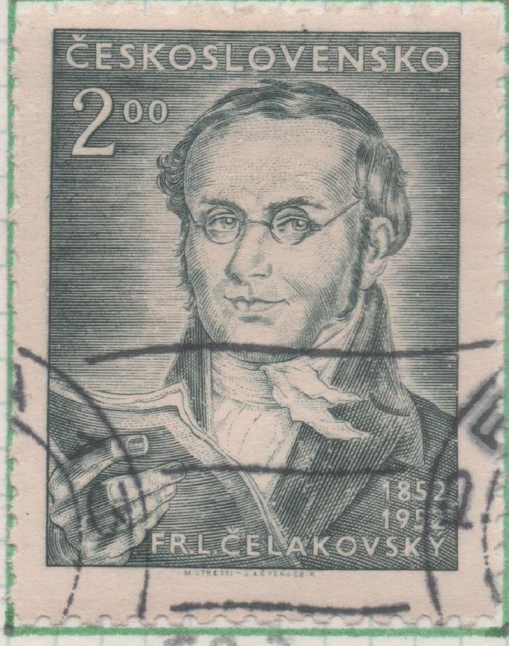 Sello E00577: hoja 40, Checoslovaquia: Sello Verde oscuro dentado. Poeta Celakovsky, 2 Koruny