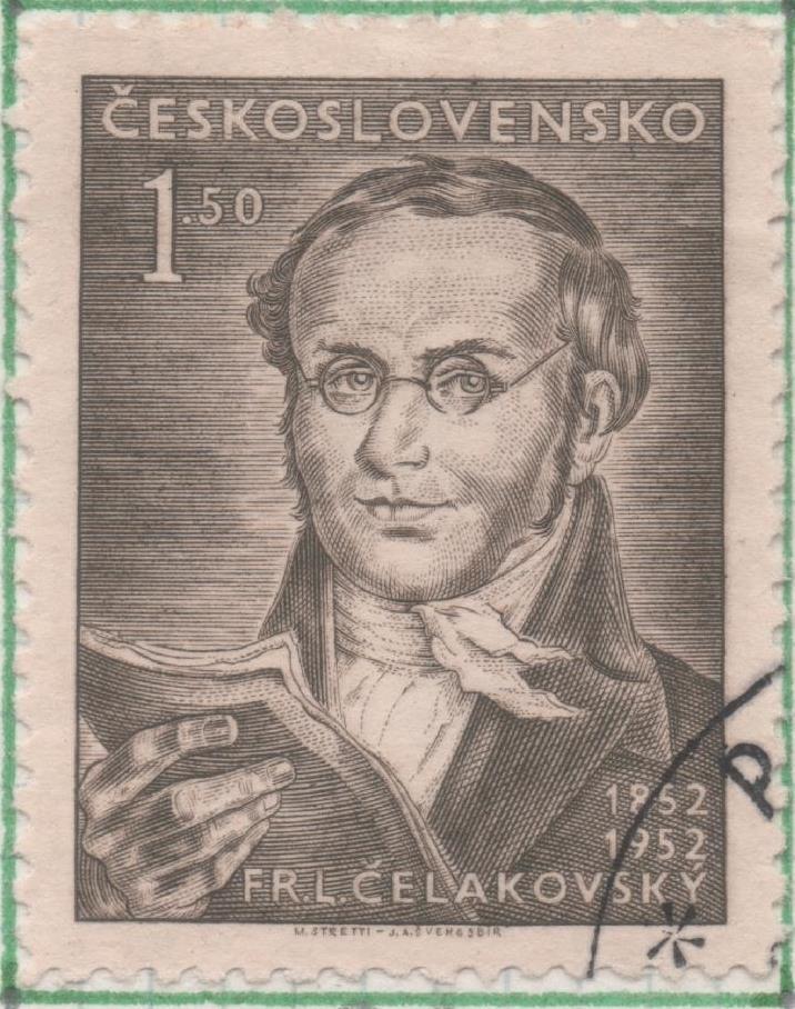 Sello E00576: hoja 40, Checoslovaquia: Sello Marron oscuro dentado. Poeta Celakovskuy, 1,50 Koruna