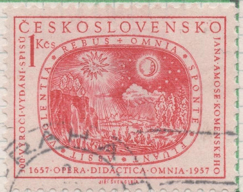 Sello E00774: hoja 53, Checoslovaquia: Sello Rojo oscuro dentado. Opera. Sol, Luna, Estrellas y Tierra, 1 Koruna