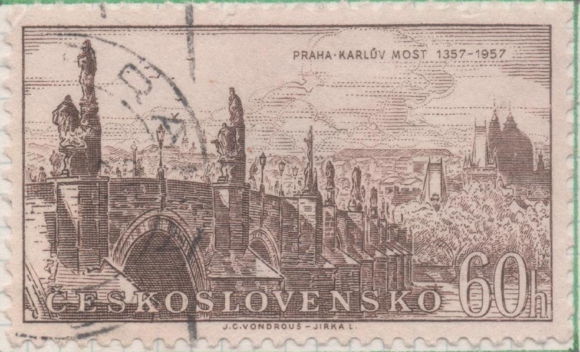 Sello E00769: hoja 52, Checoslovaquia: Sello marron oscuro dentado. Aniv de Ciudades y lugares típicos Praha-Karlúv Most, 60 Haleru