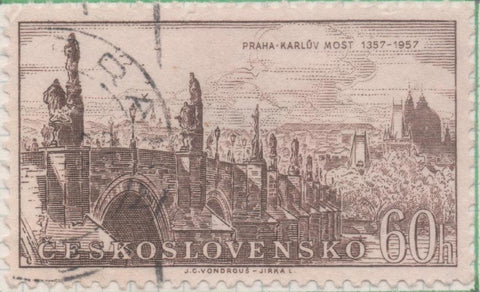 Sello E00769: hoja 52, Checoslovaquia: Sello marron oscuro dentado. Aniv de Ciudades y lugares típicos Praha-Karlúv Most, 60 Haleru