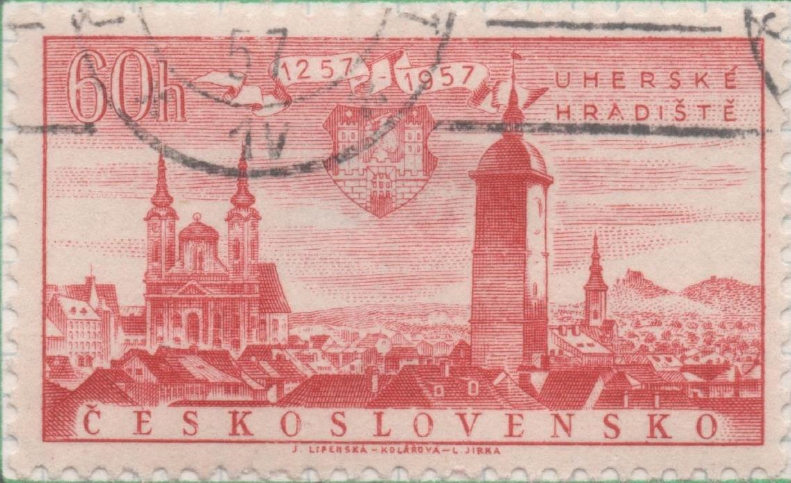 Sello E00768: hoja 52, Checoslovaquia: Sello Rojo oscuro dentado. Aniv de Ciudades y lugares típicos. Uherské Hradiště, 60 Haleru