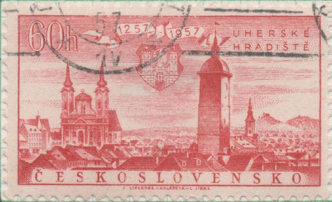 Sello E00768: hoja 52, Checoslovaquia: Sello Rojo oscuro dentado. Aniv de Ciudades y lugares típicos. Uherské Hradiště, 60 Haleru