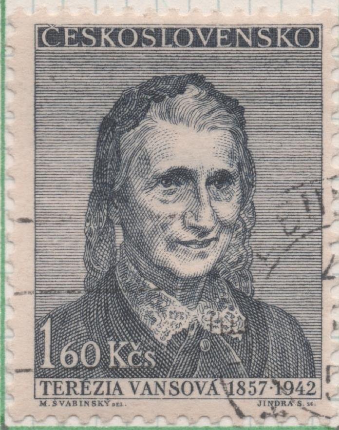 Sello E00765: hoja 52, checoslovaquia: Sello Azul grisaceo oscuro dentado. Poetas y Escritores. Terézia Vansová, 1,60 Koruna