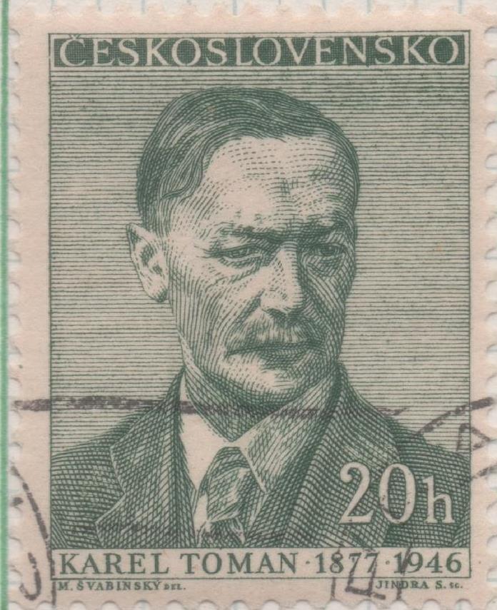 Sello E00763: hoja 52, Checoslovaquia: Sello Verde dentado. Poetas y Escritores. Karel Toman, 20 Haleru