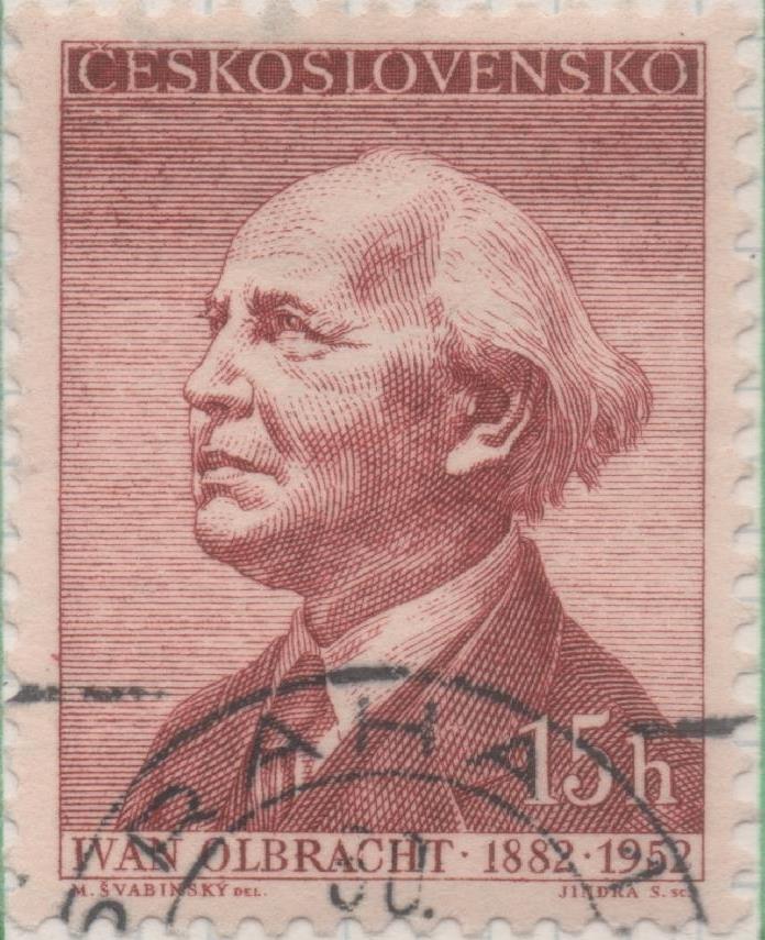 Sello E00762: hoja 52, Checoslovaquia: Sello Marron rojizo dentado. Poetas y Escritores. Ivan Olbracht, 15 Haleru