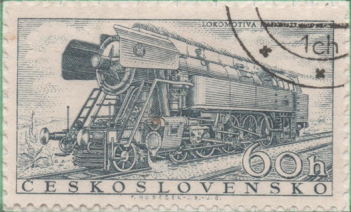 Sello E00760: hoja 52, Checoslovaquia: Sello Azul grisaceo dentado. 110º Aniv del Ferrocarril Checo, 60 Haleru