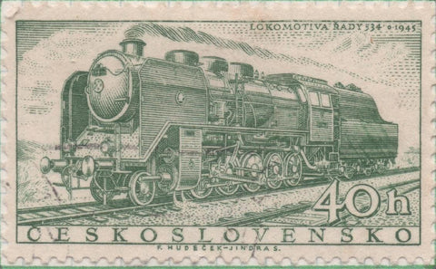 Sello E00758: hoja 52, Checoslovaquia: Sello Verde dentado. 110º Aniv del Ferrocarril Checo, 40 Haleru