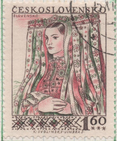 Sello E00755: hoja 51, Checoslovaquia: Sello Multicolor dentado. Trajes Regionales. Mujer de Novohradsko, 1,60 Koruna