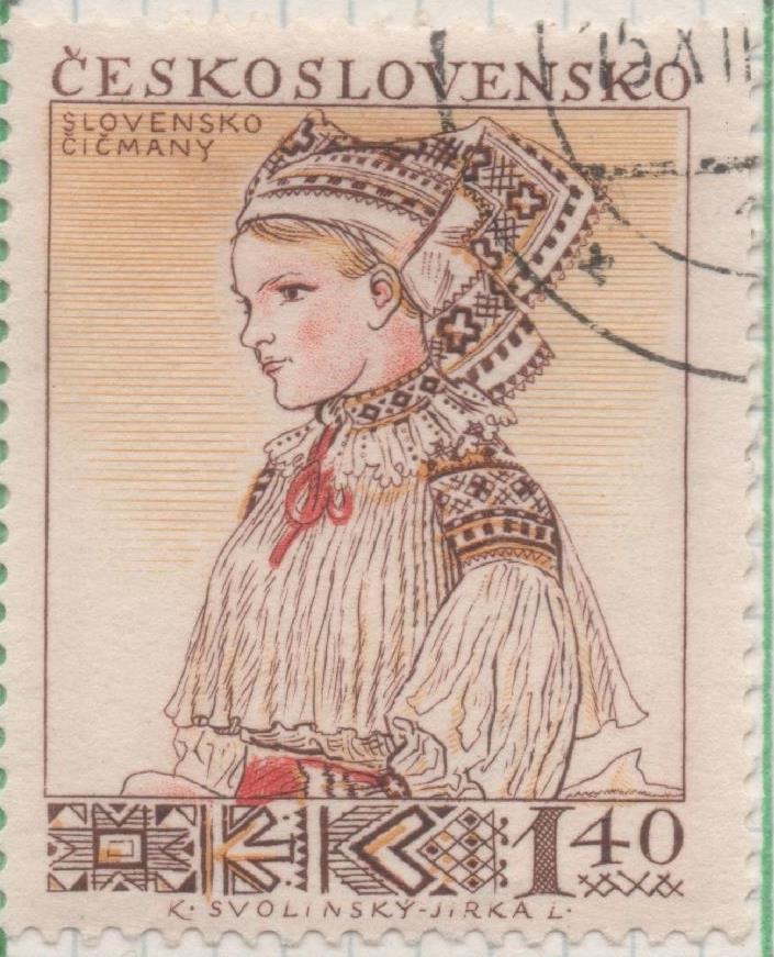 Sello E00754: hoja 51, Checoslovaquia: Sello Multicolor dentado. Trajes Regionales. Mujer de Cicmany, 1,40 Koruna