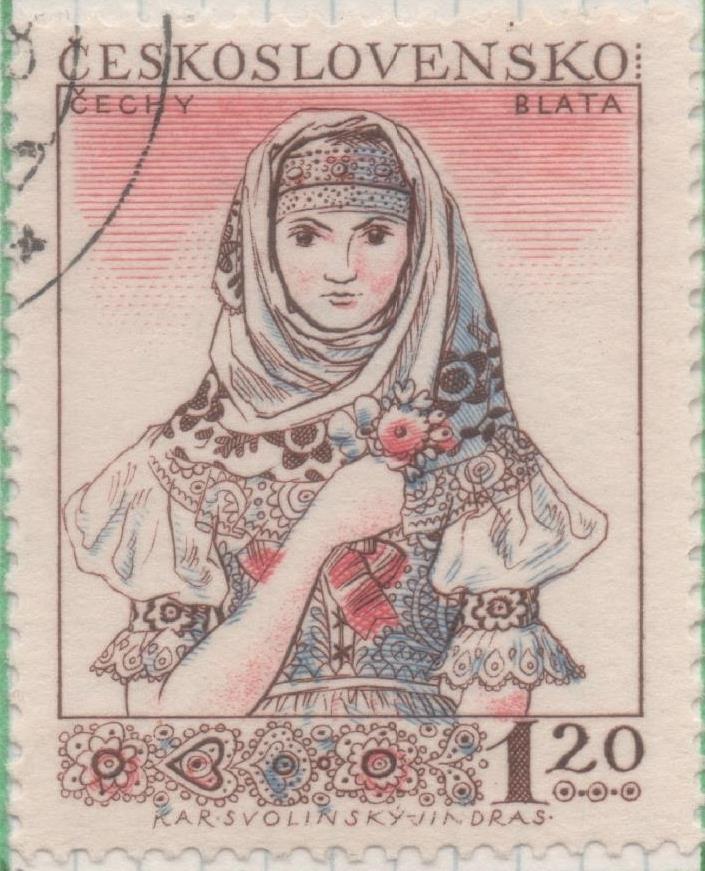 Sello E00753: hoja 51, Checoslovaquia: Sello Multicolor dentado. Trajes Rejionales, Mujer de Blata, 1,20 Koruna