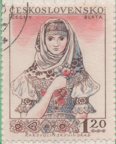 Sello E00753: hoja 51, Checoslovaquia: Sello Multicolor dentado. Trajes Rejionales, Mujer de Blata, 1,20 Koruna