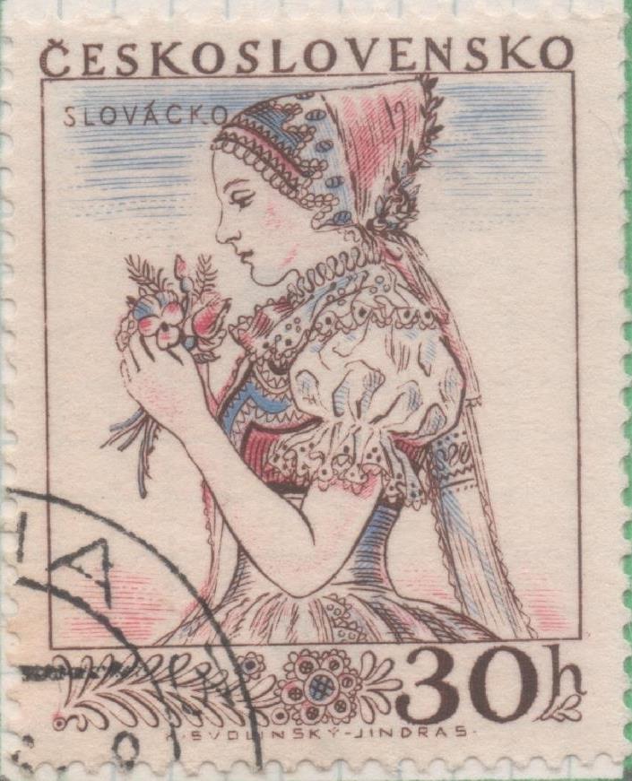 Sello E00752: hoja 51, Checoslovaquia: Sello Multicolor dentado. Trajes Rejionales. Mujer Slovaka, 30 Haleru