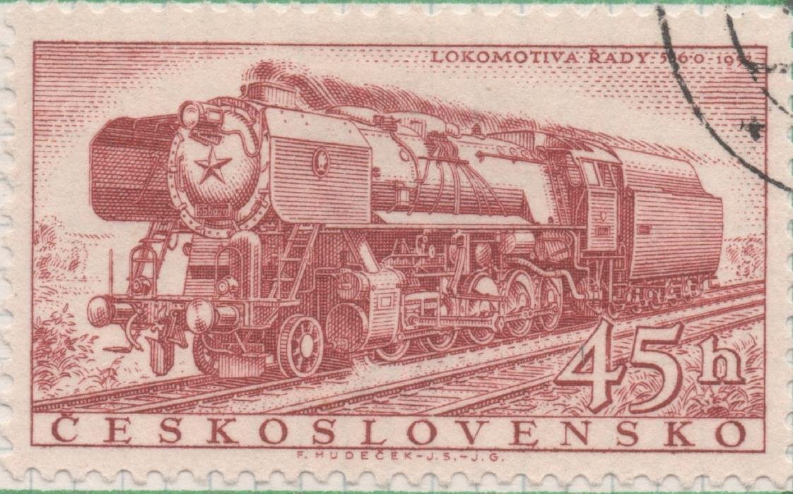 Sello E00759: hoja 52, Checoslovaquia: Sello Marron rojizo dentado. 110º Aniv del Ferrocarril Checo, 40 Haleru