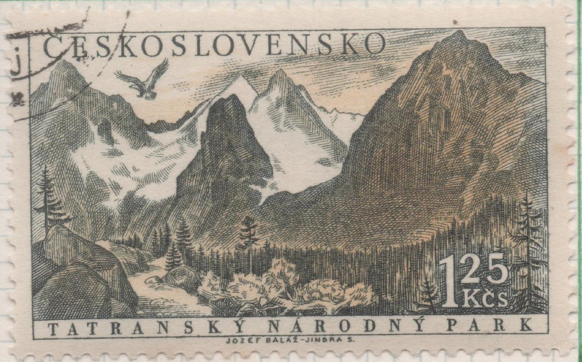Sello E00802: hoja 54, Checoslovaquia: Sello Verde grisaceo dentado. Parque Nacional Monte Tatra, 1,25 Koruna