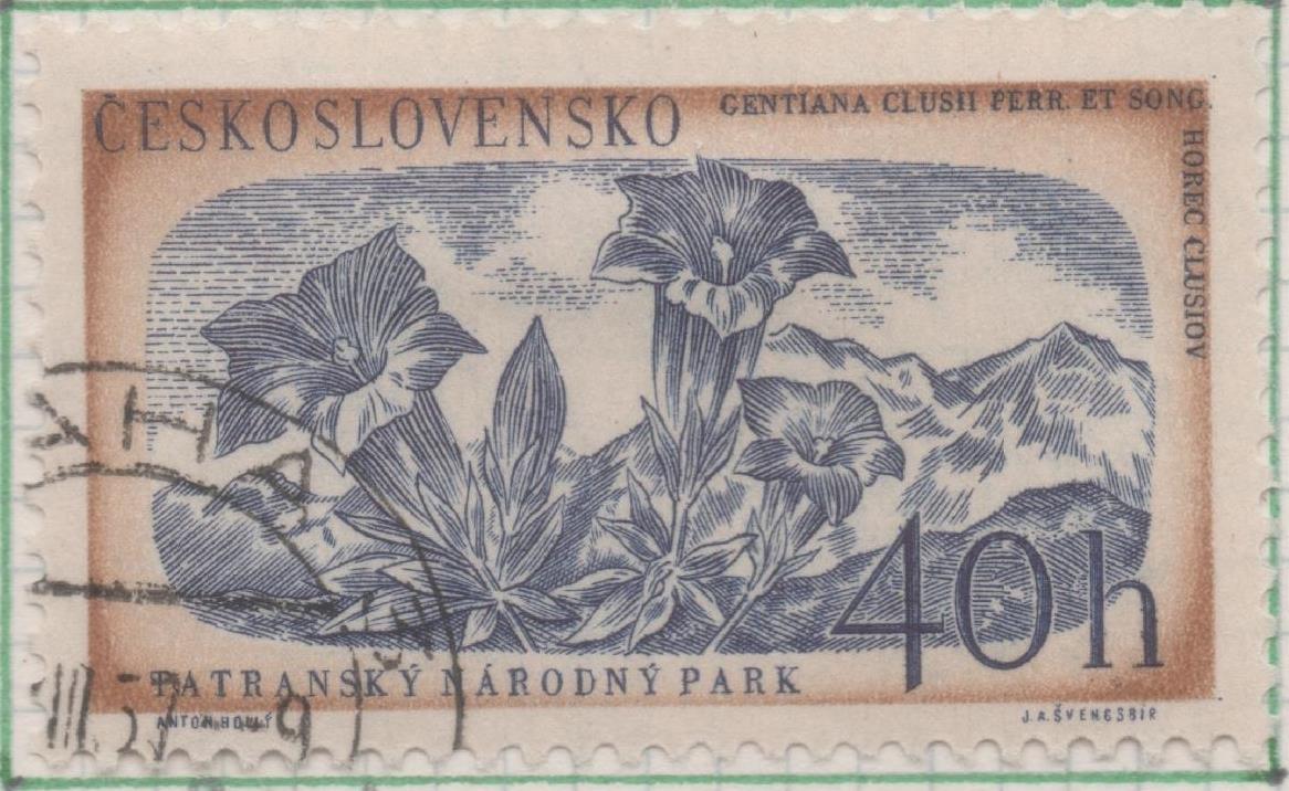 Sello E00801: hoja 54, Checoslovaquia: Sello Azul violaceo y marron dentado. Parque Nacional Monte Tatra, 40 Haleru