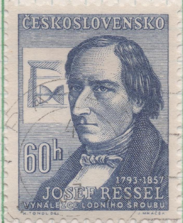 Sello E00798: hoja 54, Checoslovaquia: Sello Azul oscuro dentado. Inventores. Josef Ressel, 60 Haleru